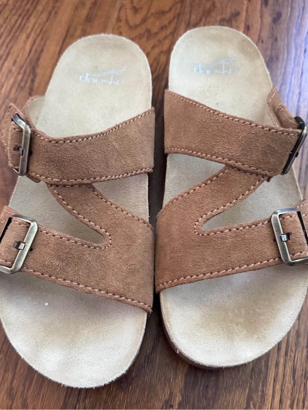 * Dansko Tan Suede Double-Buckle Slide Sandals